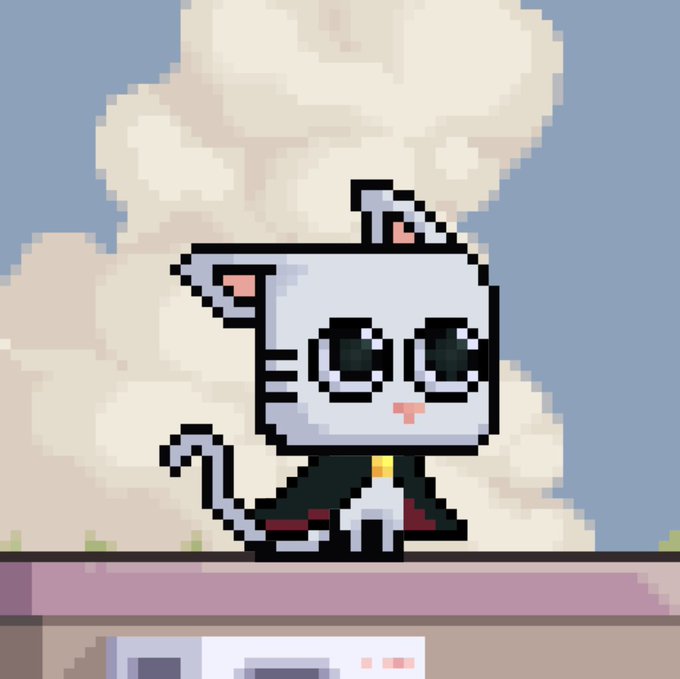 A pixel art illustration shows a gray cat character with large expressive eyes, wearing a black cape with red lining and a gold collar, standing on a platform against a backdrop of fluffy white clouds and blue sky. The image reinforces the post's theme of soaring success ("ready to fly," "sky is the limit") for the Kuantom project, complementing the message about its 25% mintout milestone.