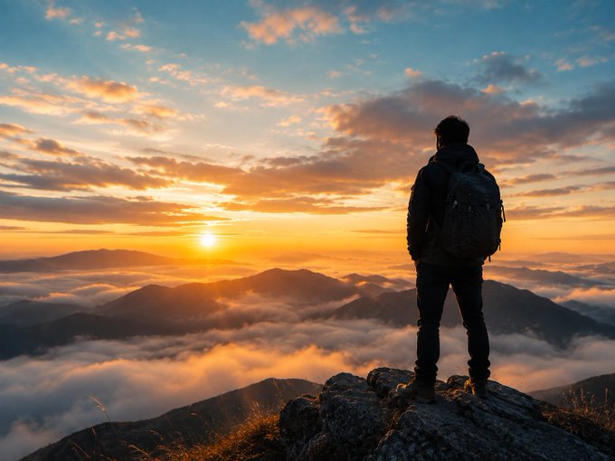 A scenic silhouette of a hiker with a backpack standing on a mountain peak, watching a sunrise over a sea of clouds.