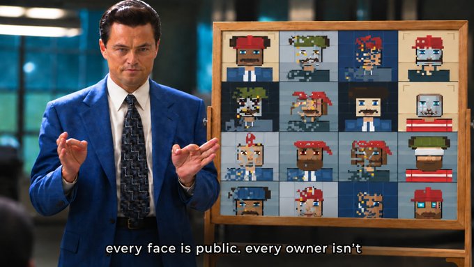 A man in a blue suit stands beside a display of pixelated character portraits, with text reading 'every face is public. every owner isn't.'