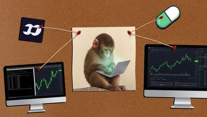 An AI-generated image on a corkboard showing a monkey using a laptop in the center, connected by string to a Barracuda Networks logo, a pill, and two computer monitors displaying stock market charts.