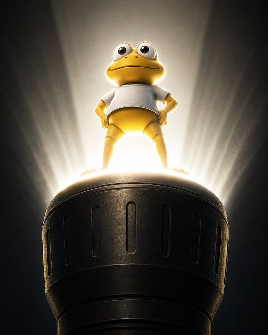 A 3D-rendered yellow frog character wearing a white t-shirt stands heroically atop a black cylindrical object, illuminated by dramatic beams of light from behind.