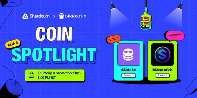 Coin Spotlight AMA 5 announcement poster for a Shardeum x Sikka.fun event on Thursday, 3 September 2026 at 8:00 PM IST, featuring speakers @Sikka.fun and @ShantumCoin.