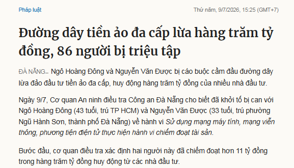A Vietnamese news article from 9/7/2026 with the headline 'Đường dây tiền ảo đa cấp lừa hàng trăm tỷ đồng, 86 người bị triệu tập' about a multi-level crypto scam worth hundreds of billions of dong that summoned 86 people.