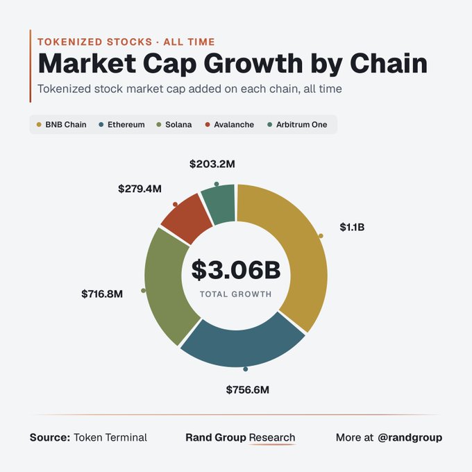 A donut chart titled 'Market Cap Growth by Chain' showing tokenized stock market cap totaling $3.06B across BNB Chain ($1.1B), Ethereum ($756.6M), Solana ($716.8M), Avalanche ($279.4M), and Arbitrum One ($203.2M), sourced from Token Terminal.