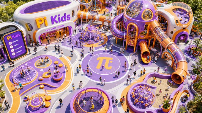 An aerial view of a vibrant purple and orange "Pi Kids" playground featuring slides, climbing structures, a large pi symbol on the ground, and many visitors enjoying the play area.