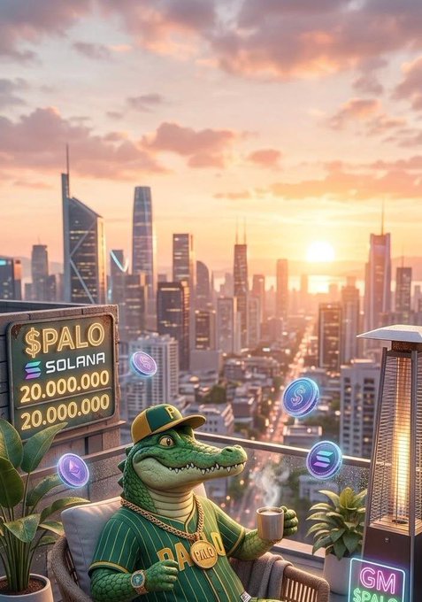 An AI-generated image of an anthropomorphic crocodile wearing a 'PALO' jersey holding coffee on a rooftop overlooking a city skyline at sunset, with Solana price displays.
