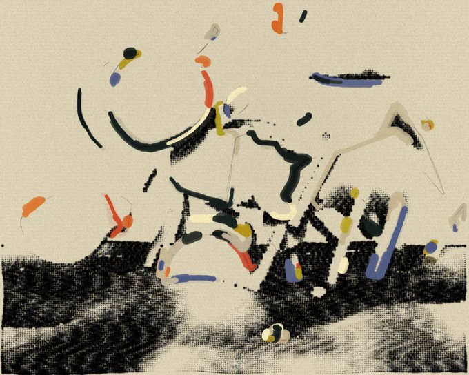 The image features a digital art piece that showcases an abstract painting with various colors, including reds, blues, greens, and yellows. The artwork appears to be a collage of different elements, creating a visually striking composition. The artist's signature is visible in the bottom right corner of the image. The post also mentions that this artwork was created by William, who has been collecting DOS files for years. It seems like an interesting piece of art that captures the viewer's attention and sparks curiosity about its creator and inspiration.