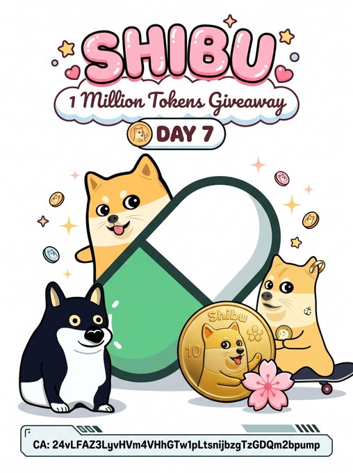 A promotional graphic for 'SHIBU 1 Million Tokens Giveaway DAY 7' featuring illustrations of Shiba Inu dogs, coins, and a contract address.