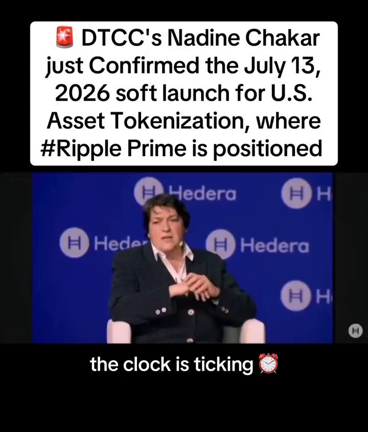 The image shows a woman sitting at a desk with her hands on her lap while wearing a suit. The text of the image includes information about asset tokenization, Ripple Prime, and the firm's position within the market.