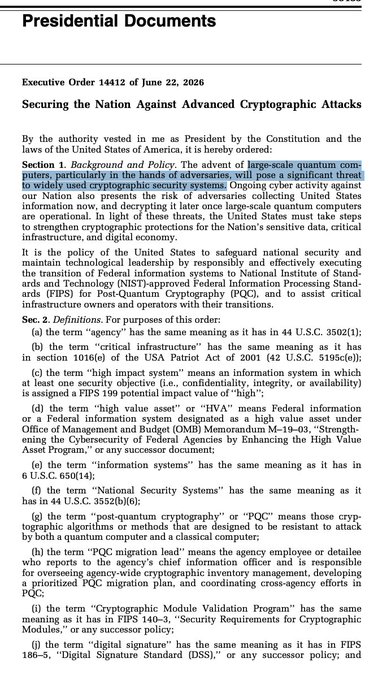 The image shows a section of Presidential Document titled "Securing the Nation Against Advanced Cryptographic Attacks" (Executive Order 14412 of June 22, 2024), which mandates federal systems transition away from cryptography vulnerable to large-scale quantum computers, highlighting the threat to Bitcoin and U.S. digital infrastructure.