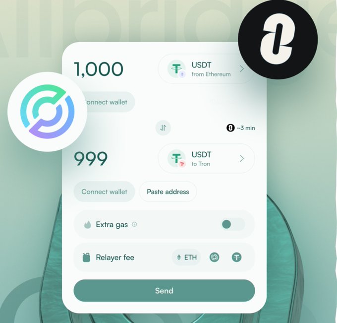 A promotional graphic for a cryptocurrency wallet/service showing a swap of 1,000 USDT from Ethereum to 999 USDT on Tron, featuring logos for Circle and another crypto service.