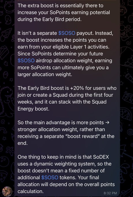A text message explains that the September Boost on SoDEX provides a +20% SoPoints earning increase for users who join or create a Squad within the first four weeks, stacking with the Squad Energy boost. It clarifies that the boost isn't a separate $SOSO payout but enhances Layer 1 activity points to strengthen airdrop allocation weight under the platform's dynamic weighting system.