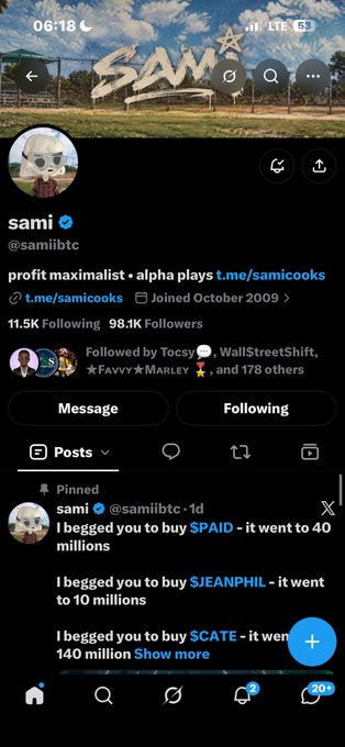 Twitter/X profile of "sami" (@samiibtc), a profit maximalist and alpha player with 98.1K followers, showing a pinned post about stock picks like $PAID and $JEANPHIL.