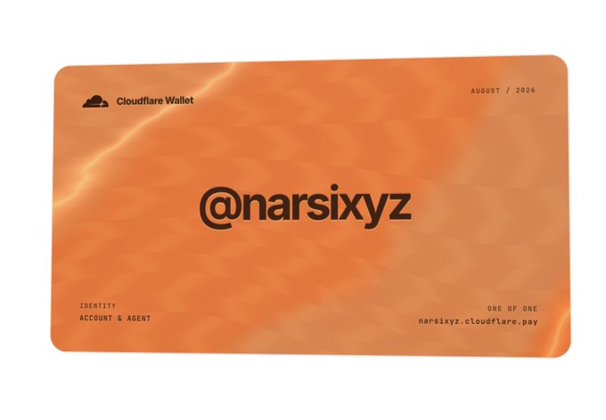 An orange Cloudflare Wallet identity card dated 'AUGUST / 2024' displays the username '@narsixyz' with 'ACCOUNT & AGENT' and 'ONE OF ONE' labels.