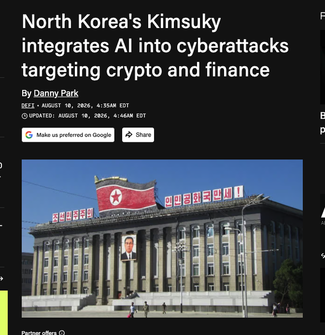 A news headline from Defi (by Danny Park) reports that North Korea's Kimsuky hacking group has integrated AI into cyberattacks targeting crypto and finance, shown alongside an image of a North Korean government building. The headline directly supports the post's warning about increasingly sophisticated hacks and the need to eliminate single points of failure through multi-institution custody.