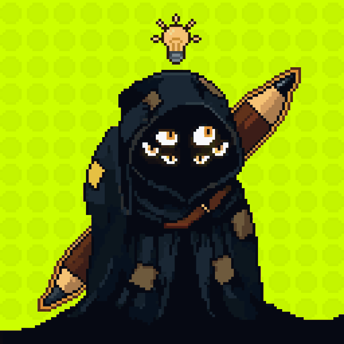 A pixel art illustration of a dark-hooded, multi-eyed character holding a large pencil, with a glowing lightbulb floating above their head, set against a lime green background.