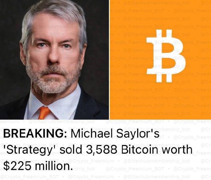 A news graphic featuring Michael Saylor's portrait next to a Bitcoin logo, with the headline 'BREAKING: Michael Saylor's 'Strategy' sold 3,588 Bitcoin worth $225 million.'