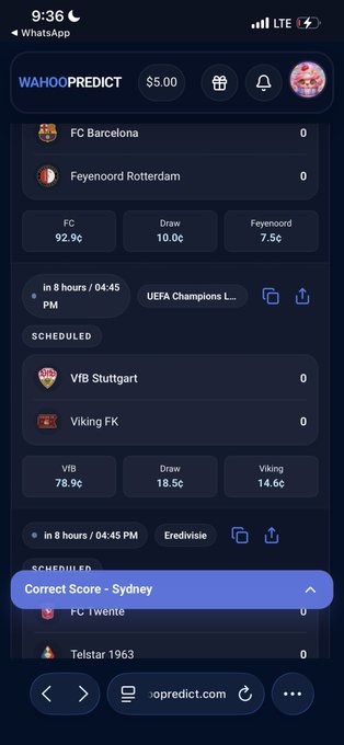 A mobile screenshot of a sports betting or prediction website (WAHOOPREDICT) displaying upcoming UEFA Champions League and Eredevisie matches with odds, including FC Barcelona vs Feyenoord Rotterdam and VfB Stuttgart vs Viking FK.