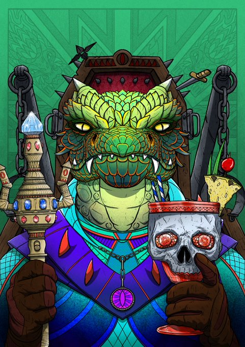 A vibrant, stylized illustration depicts a green reptilian creature in royal attire holding an ornate staff and a skull-shaped goblet with glowing red eyes, set against a green background.