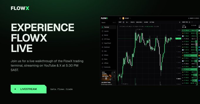 Promotional banner for a "FlowX Live" livestream walkthrough, featuring the FlowX trading terminal interface with a BTC/USDT chart and order book, advertising a 5:30 PM SAST broadcast on YouTube and X via beta.flowx.trade.