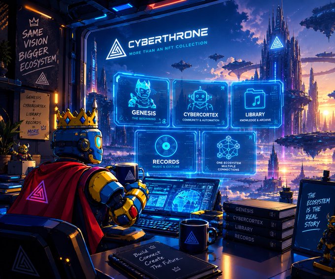 Cyberpunk-style promotional artwork for 'CYBERTHRONE' NFT collection, featuring a crowned robot at a control console overlooking a futuristic city, with interface panels labeled GENESIS, CYBERCORTEX, LIBRARY, RECORDS, and the slogan 'SAME VISION, BIGGER ECOSYSTEM'.