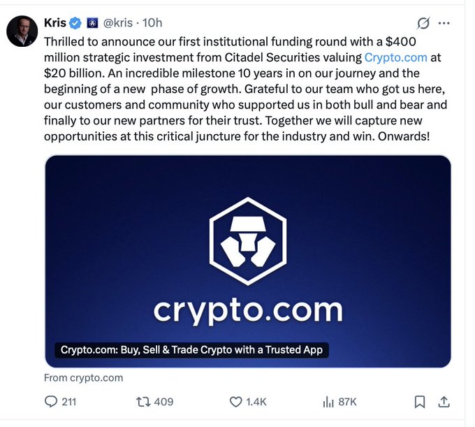 Crypto.com CEO Kris Marszalek announces a $400 million strategic investment from Citadel Securities, valuing the exchange at $20 billion in its first institutional funding round, marking a 10-year milestone and new growth phase.

The accompanying image is the official tweet from @kris featuring the Crypto.com logo, visually reinforcing the breaking news of Citadel's $200B TradFi giant taking a ~2% stake to fuel expansion into tokenized securities, derivatives, and RWAs—mirroring its $200M Kraken bet.