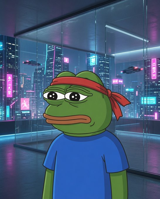 A digital illustration of the Pepe the Frog meme character wearing a red headband and blue shirt, standing in front of a futuristic neon-lit cityscape visible through glass walls.
