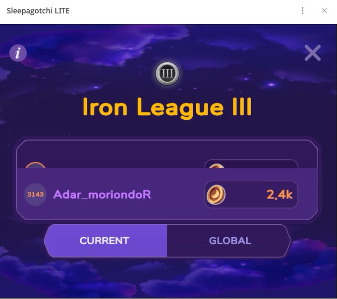A mobile app screenshot of 'Sleepagotchi LITE' showing an 'Iron League III' ranking screen with user 'Adar_moriondoR' at rank 3143 with 2.4k coins.