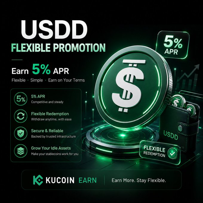 The image is a KuCoin Earn promotional graphic for USDD Flexible Promotion, highlighting a 5% APR offer with flexible redemption, secure infrastructure, and idle asset growth—visually reinforcing the post's emphasis on balancing modest, steady yield with liquidity access over chasing high APYs.