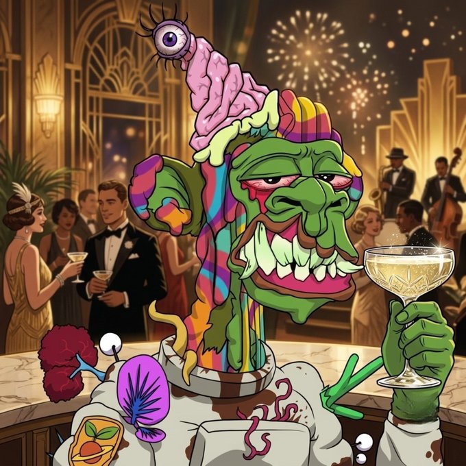 A grotesque green monster with a wide, toothy grin sits at a lavish 1920s speakeasy bar, holding a coupe glass of champagne amid an elegant crowd and glittering fireworks. The surreal, psychedelic creature—featuring a floating brain, eyeballs, and dripping colors—contrasts humorously with the refined "GM & happy Friday frens" vibe, delivering a wild, crypto-style good morning greeting.