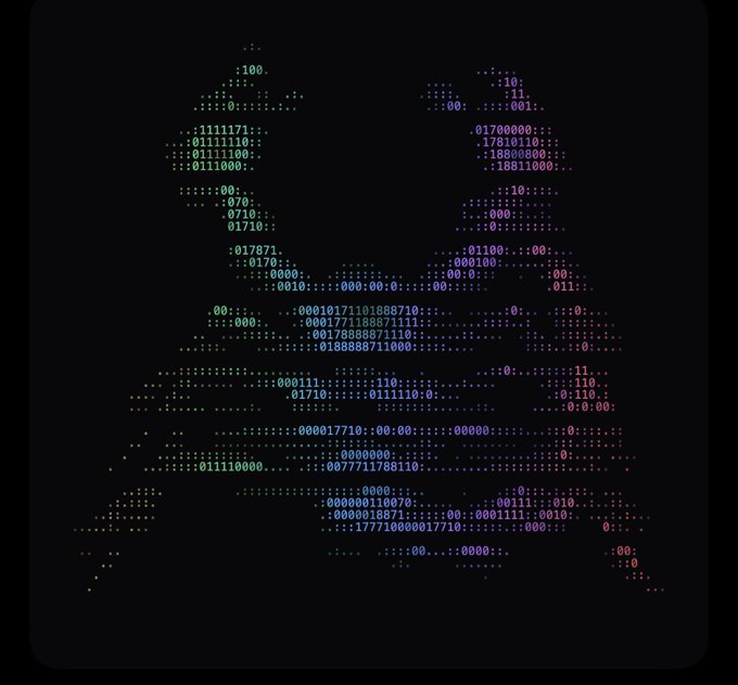 A pixelated ASCII-style skull rendered in glowing green and purple hues against a black background, composed of dots, colons, and binary-style numbers (such as ":1111171:", ":0111110:", "0000101711", "0178888711110", and "0188888711000"). The eerie digital skull art likely represents a "rare" or collectible NFT tied to the post about the #1 ranked item selling for 0.55 ETH ($1317).