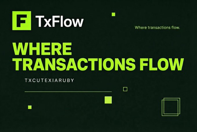 A promotional graphic for 'TxFlow' with the tagline 'WHERE TRANSACTIONS FLOW' and the identifier 'TXCUTEXIARUBY' on a dark background with green accents.