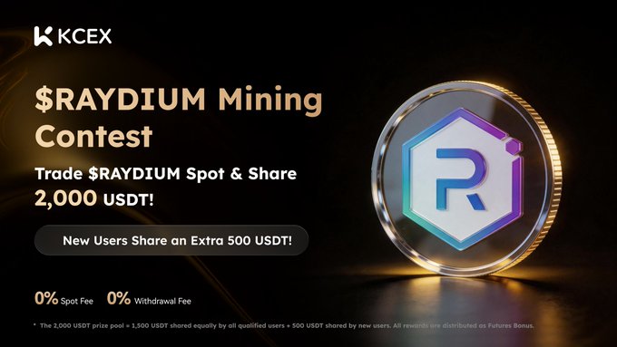 A KCEX cryptocurrency exchange advertisement for a '$RAYDIUM Mining Contest' offering a 2,000 USDT prize pool to trade $RAYDIUM spot, featuring a gold and purple RAY coin graphic.