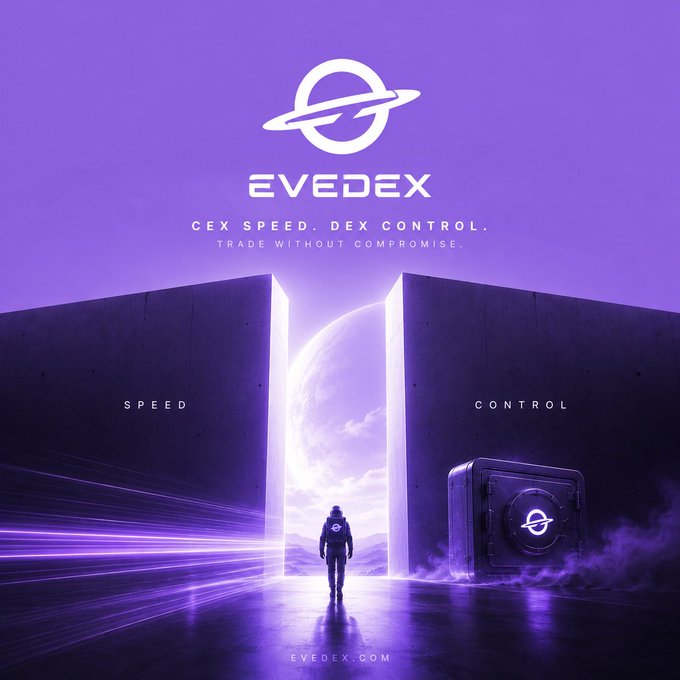 A purple promotional graphic for "EVEDEX" with the tagline "CEX SPEED, DEX CONTROL. TRADE WITHOUT COMPROMISE," showing an astronaut walking between two large doors labeled "SPEED" and "CONTROL."