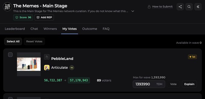 A screenshot of 'The Memes - Main Stage' voting platform showing the 'My Votes' tab with 'PebbleLand' and 'Articulate' options selected, displaying vote counts of 56,722,387 and 57,170,943 with 89 voters.