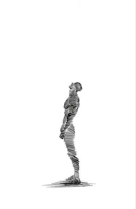 A minimalist black-and-white sketch showing a human figure composed of loose, scribbled lines standing in profile on a white background.