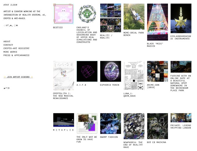 A webpage screenshot for artist "ATAY ILGUN" showcasing a grid of digital art projects, including titles like "BESTIES", "ENGLAND'S COUNCIL OF LEGISLATION", "REALITI / REALTI", "BLACK 'MIDI' MAGIC!!", "LUNA.1: QNTN_RAVE", and "NEPHORIA: THE END OF REALITY RAVE".