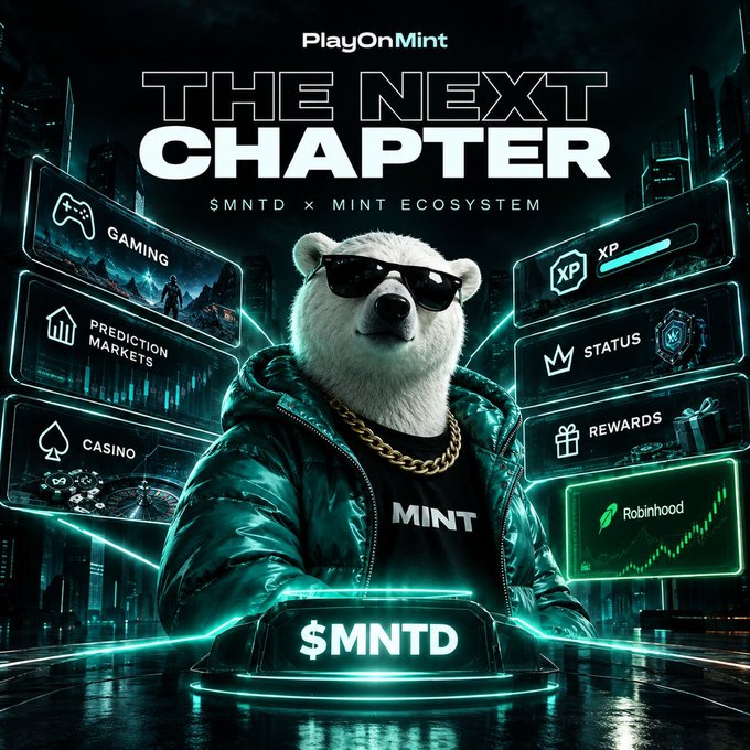 A promotional graphic featuring a polar bear wearing sunglasses and a gold chain with a green jacket, advertising 'THE NEXT CHAPTER' for 'SMNTD x MINT ECOSYSTEM' with surrounding panels for Gaming, Prediction Markets, Casino, XP, Status, and Rewards.