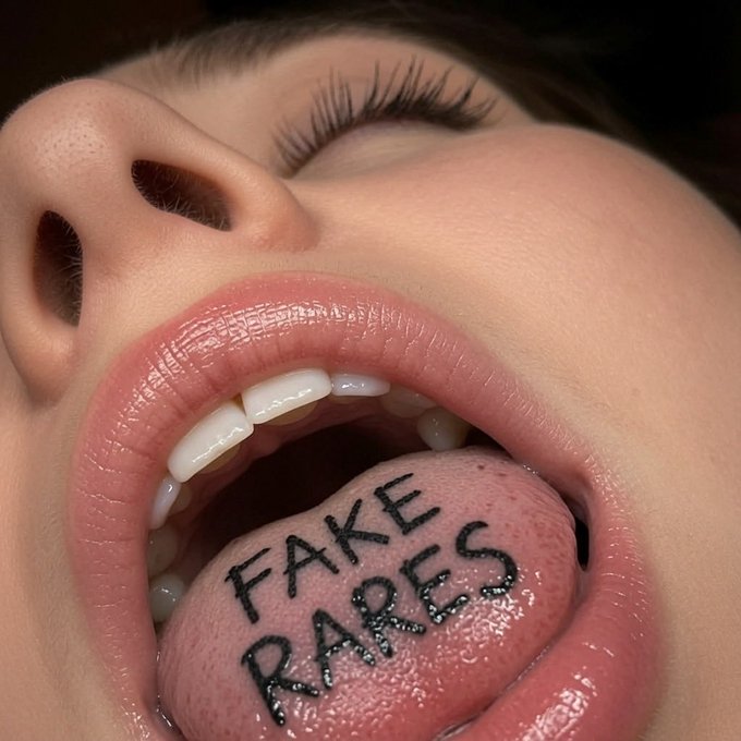 A close-up of a person's open mouth with 'FAKE RARES' written in black marker on their tongue.