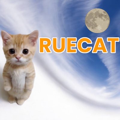 An orange and white kitten standing upright against a swirling blue and white background, with a full moon in the upper right and the text 'RUECAT' in orange letters.