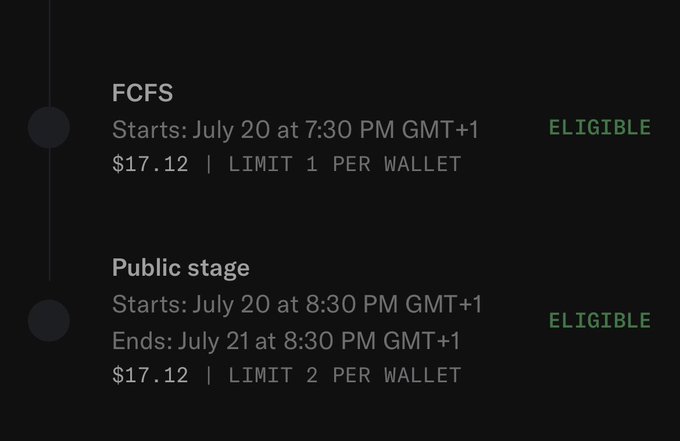 A timeline showing two eligible sale stages for $TOONS token: an FCFS round starting July 20 at 7:30 PM GMT+1 (priced at $17.12, limit 1 per wallet) and a Public stage running July 20–21 at 8:30 PM GMT+1 (priced at $17.12, limit 2 per wallet), confirming the user's eligibility to participate.