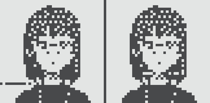 The image shows two side-by-side pixel art portraits of a character wearing a beanie, displayed as a before-and-after comparison with a vertical line dividing them, highlighting the subtle customization differences made to Normie #5462.