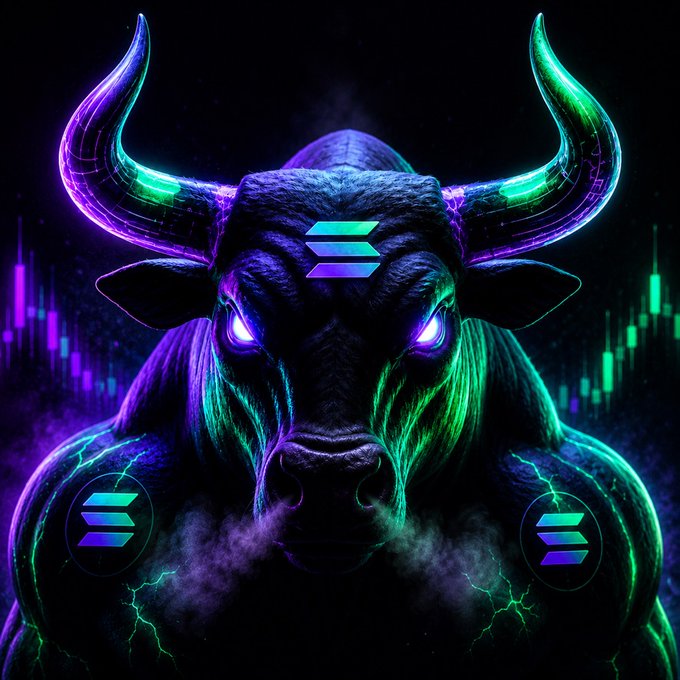 A vibrant neon-style bull with glowing green and purple horns and eyes, prominently displaying the Solana (SOL) logo on its forehead and on circular badges on its shoulders, with a dark background featuring subtle candlestick chart graphics.