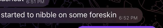 A Discord screenshot shows a message reading "started to nibble on some foreskin" sent at 6:52 PM, partially preceded by a message ending in "asfloat." The crude, vulgar message in a casual chat supports the post's caption about not being able to refute allegations of immature, inappropriate behavior if these chats were ever leaked.