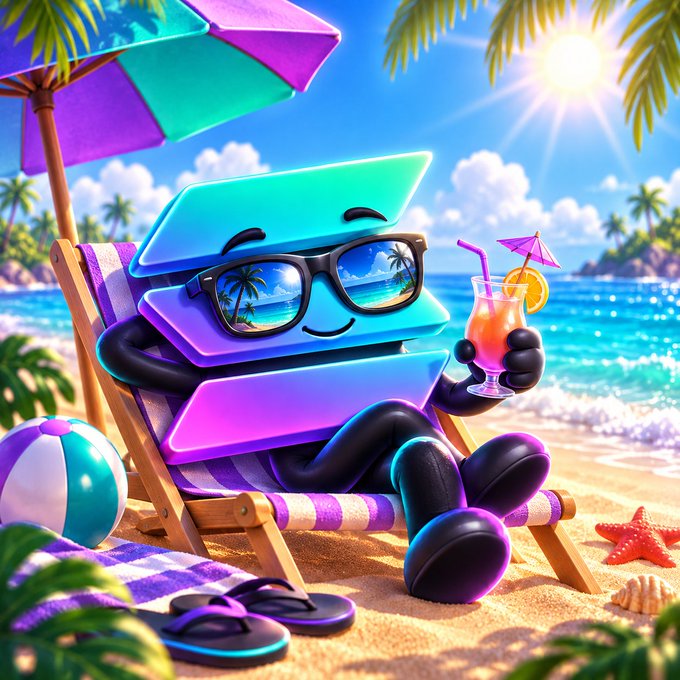 A cheerful anthropomorphic stack of three Solana logo bricks—gradient green, purple, and blue—relaxes on a striped beach lounge chair, wearing reflective sunglasses that mirror palm trees and sipping a tropical orange cocktail garnished with a tiny umbrella, all under a sunny beach backdrop with a beach ball, starfish, and flip-flops, perfectly capturing the leisurely "Have a Solana weekend" vibe.