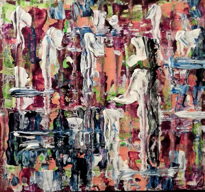 An abstract expressionist painting featuring thick, textured strokes of vibrant red, green, blue, white, and purple paint layered over a dark background.