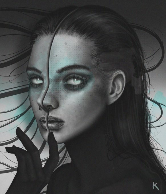 A digital portrait of a woman with long dark hair, featuring cyan-toned makeup, freckles, and a stylized split-face effect, signed with a 'K' in the corner.