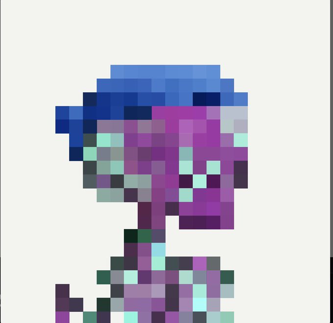 A heavily pixelated image showing a character or figure with purple, blue, and teal tones against a plain background.