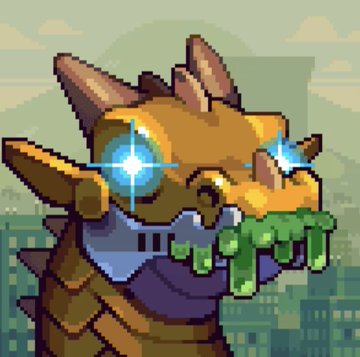 Pixel art of a yellow dragon-like creature with glowing blue eyes, appearing to drool green slime, with a cityscape visible in the background