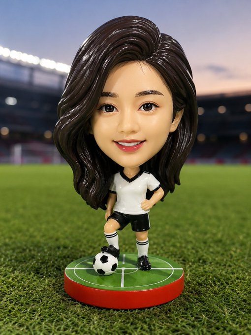 The image features a small figurine of a girl, likely representing a soccer player, standing on a green surface with a soccer ball positioned next to her. The figurine appears to be posed for a photo or display, possibly as part of a collection or decoration.